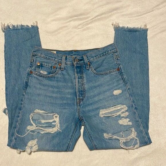 Levi’s Premium- 501 S High Rise Skinny Distressed Raw Hem Big E Jeans- Size 26 - Picture 12 of 16